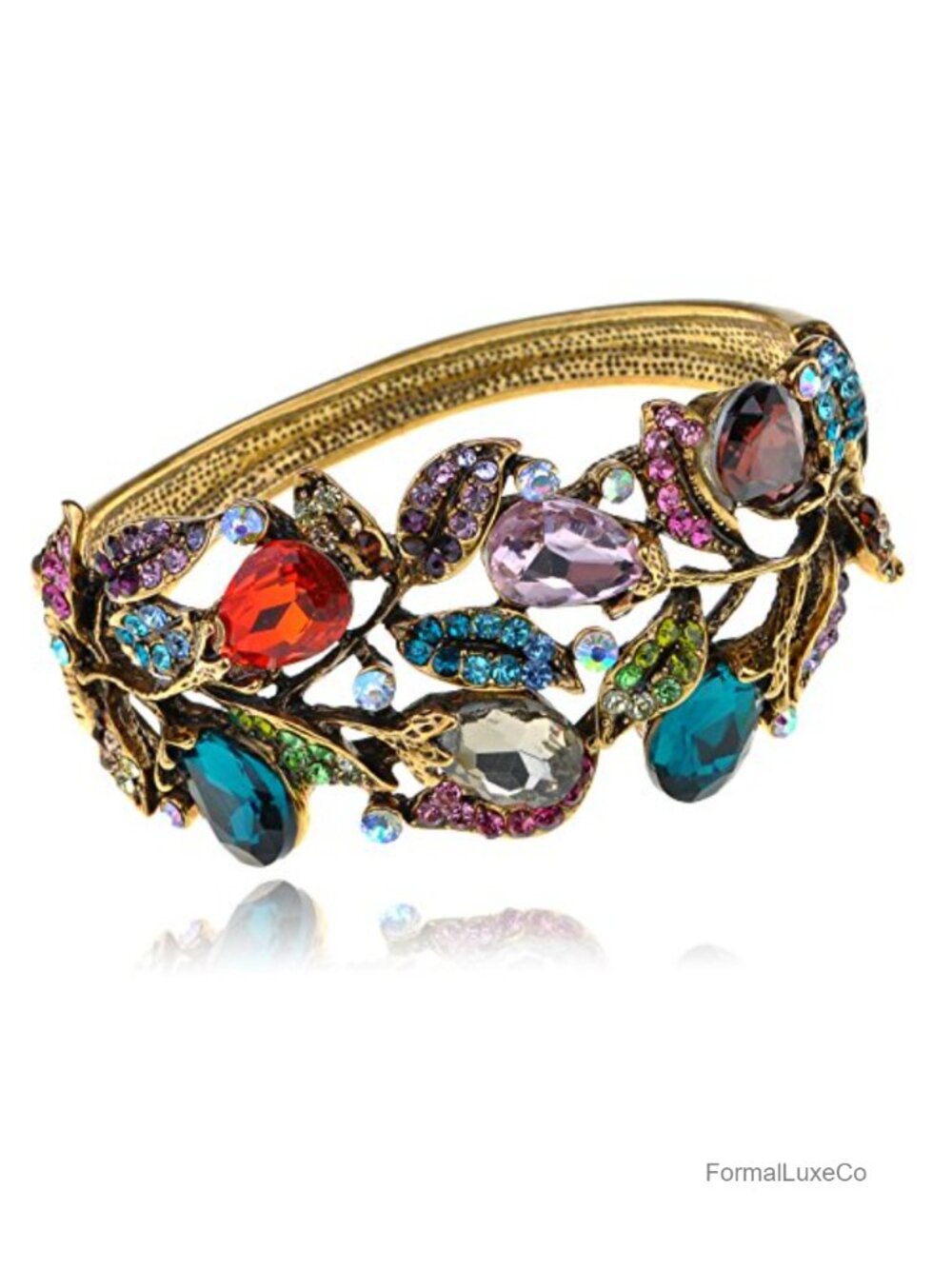Crystal Rhinestone Floral Bangle Cuff Bracelet, Adjustable